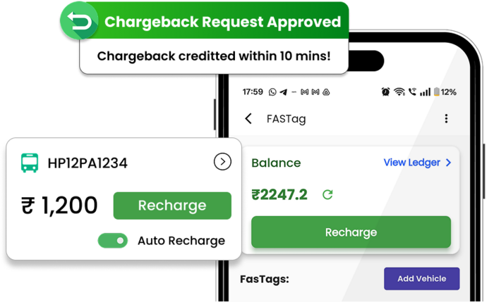 ApniBus FASTag — phone showing HP12PA1234 balance ₹2247.2 with auto-recharge